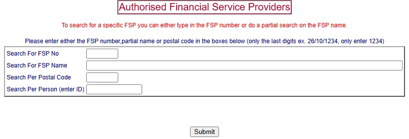 FSCA Authorised Financial Service Providers search form with fields for FSP number, FSP name, postal code and person ID, and a Submit button
