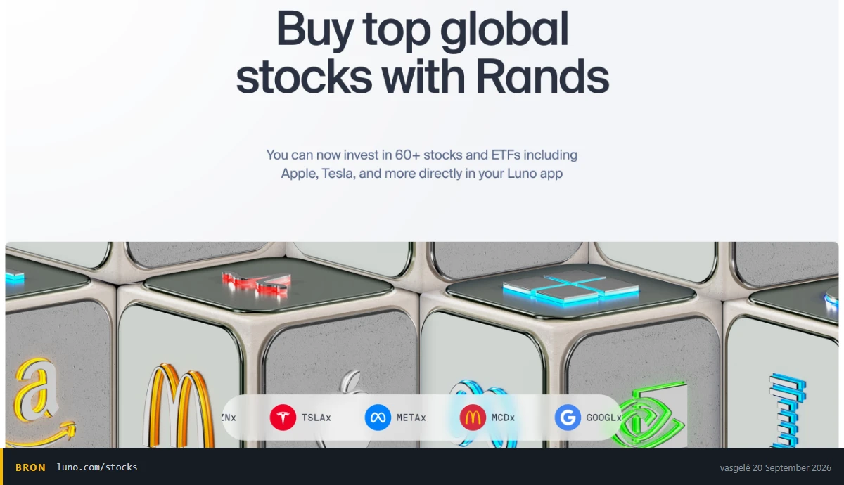 Luno se aandelebladsy wat meer as sestig Amerikaanse aandele en ETF's met rande aanbied, met merkers vir TSLAx, METAx, MCDx en GOOGLx