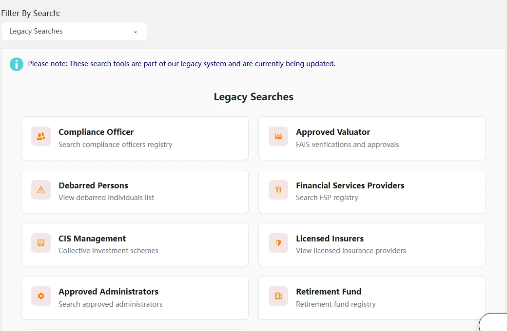 FSCA website Legacy Searches page showing tiles for Compliance Officer, Approved Valuator, Debarred Persons, Financial Services Providers, CIS Management, Licensed Insurers, Approved Administrators and Retirement Fund