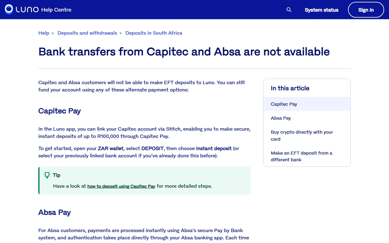 Luno help centre page titled "Bank transfers from Capitec and Absa are not available", listing Capitec Pay and Absa Pay as alternatives