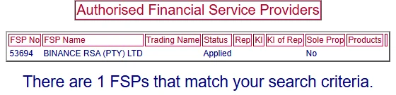 FSCA register search result for Binance showing BINANCE RSA (PTY) LTD, FSP number 53694, with status Applied