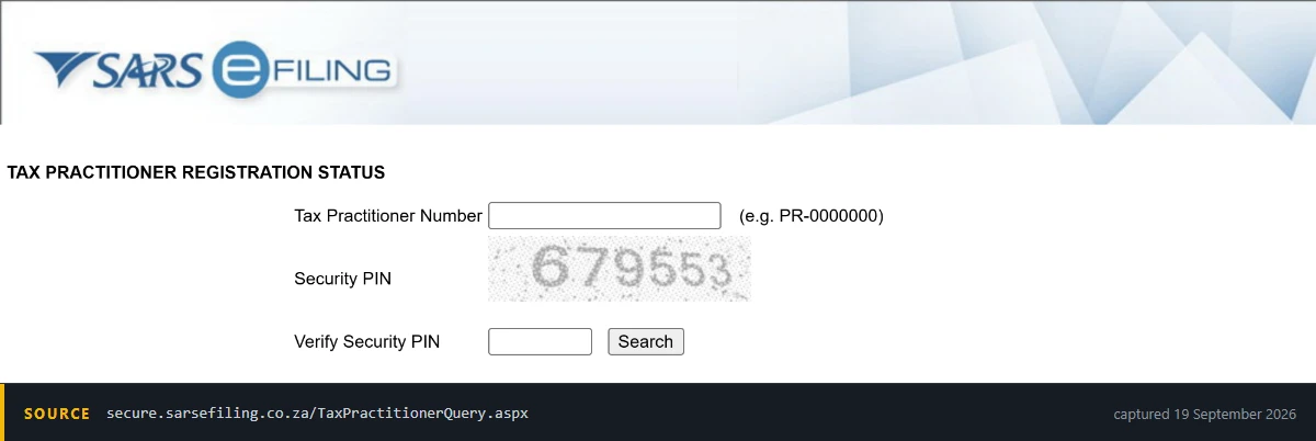 Screenshot of the SARS eFiling tax practitioner lookup page, which asks for a tax practitioner number in the format PR-0000000 and a security PIN