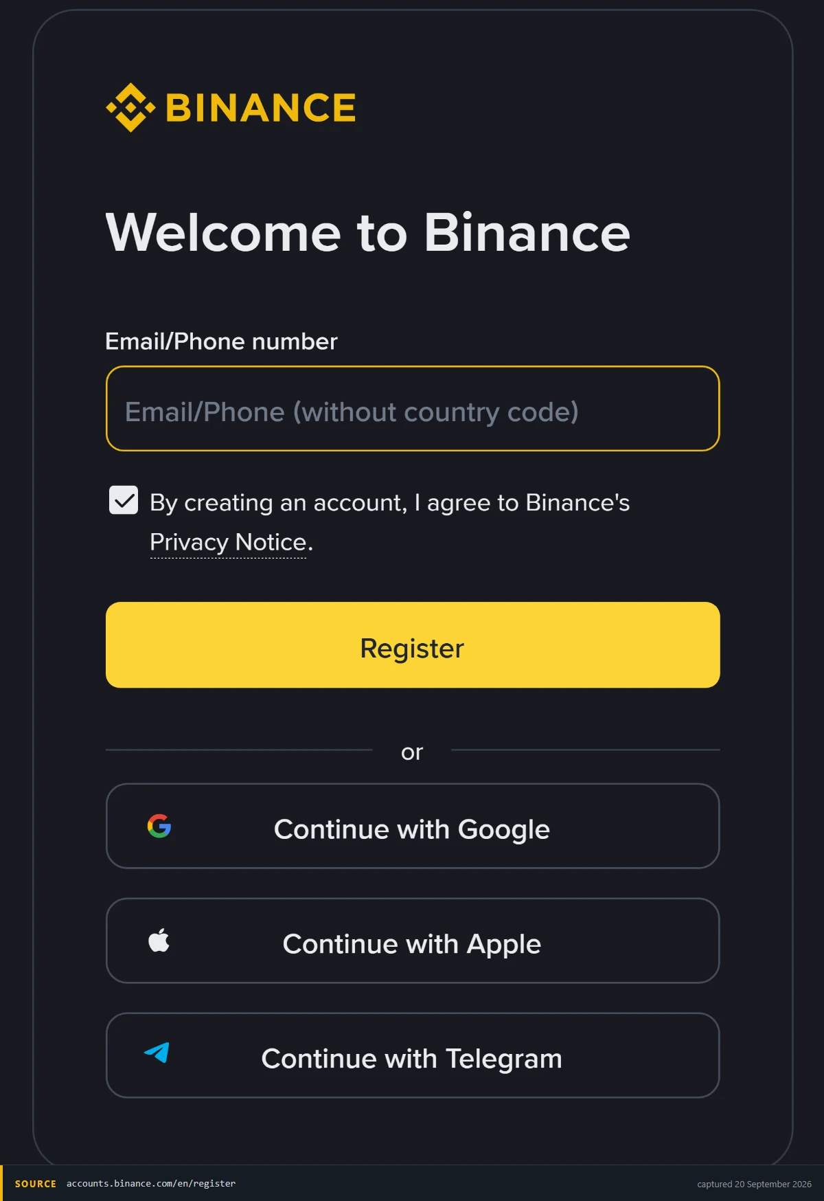 Binance account creation screen showing the email or phone field, the privacy notice checkbox, the Register button and the Google, Apple and Telegram sign-up options