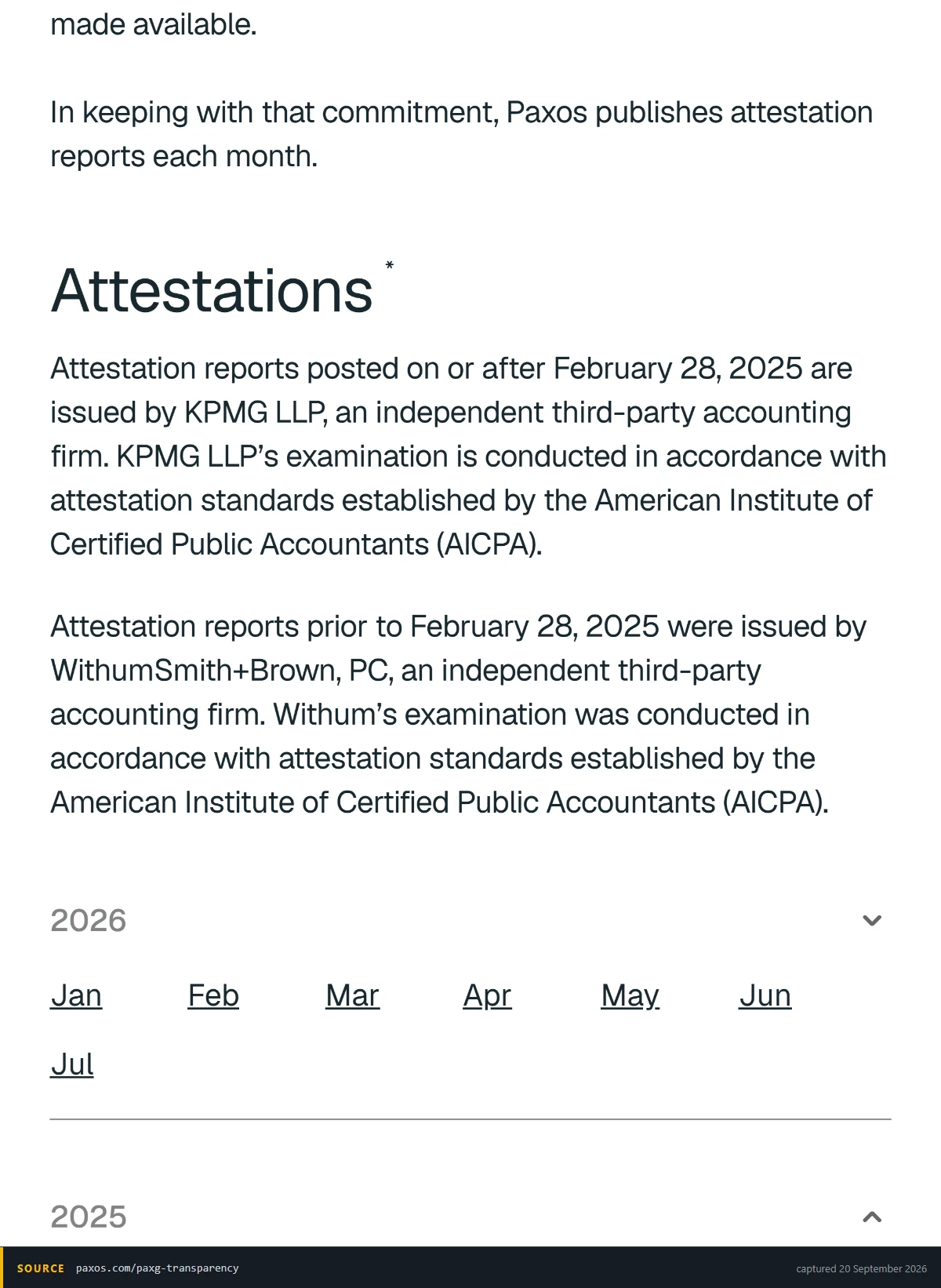 Paxos PAXG transparency page stating that attestation reports posted from 28 February 2025 are issued by KPMG LLP under attestation standards of the American Institute of Certified Public Accountants, above a month-by-month list of 2026 reports