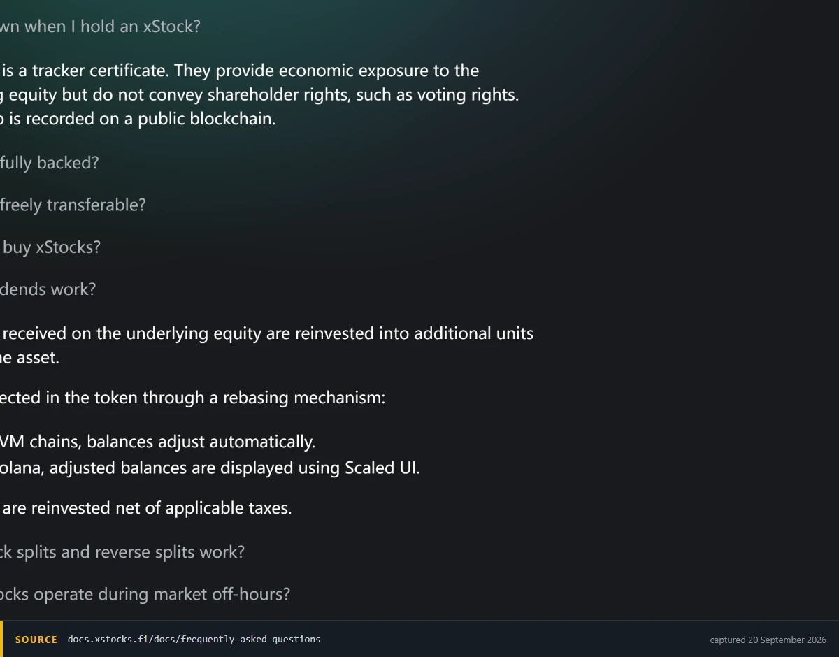 xStocks FAQ with two answers expanded: an xStock is a tracker certificate that does not convey shareholder rights such as voting rights, and dividends are reinvested into additional units of the same asset through a rebasing mechanism