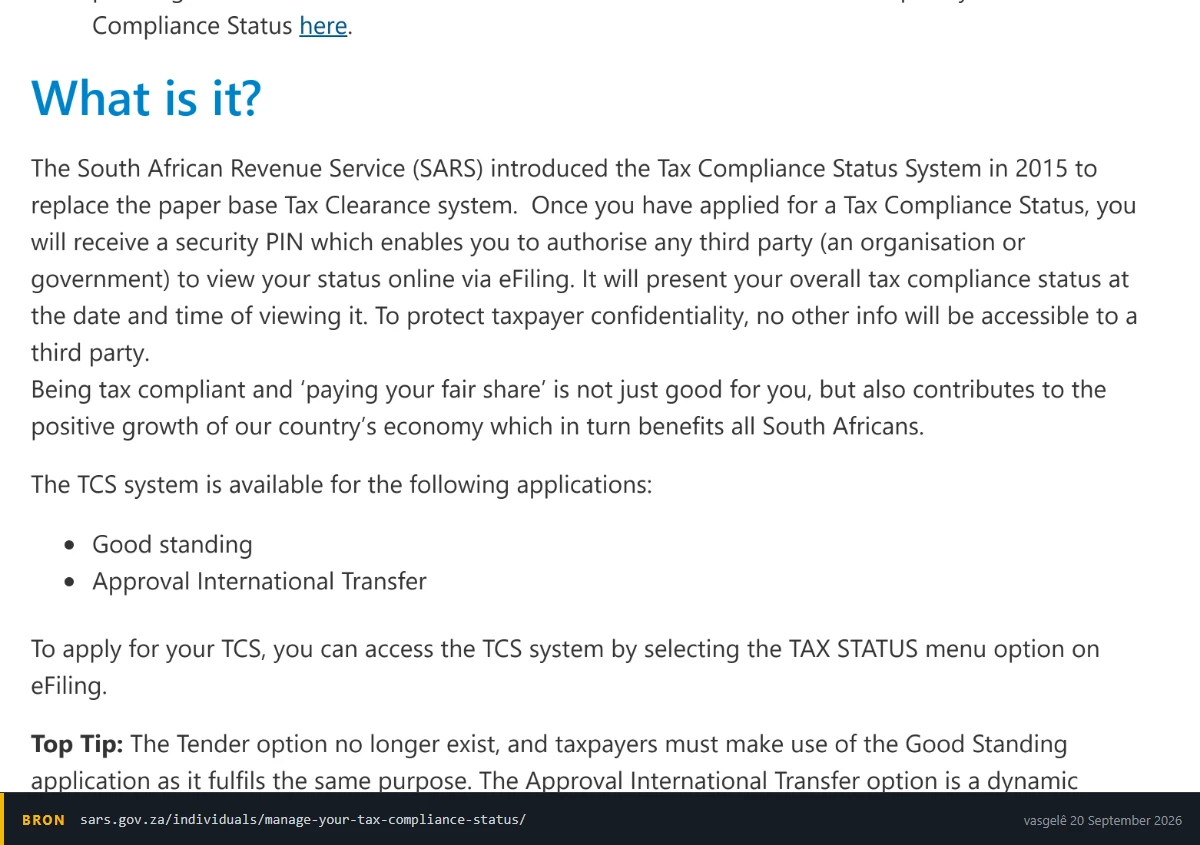 SARS se bladsy oor die bestuur van jou belastingnakomingstatus, wat die sekuriteits-PIN verduidelik wat saam met 'n Tax Compliance Status uitgereik word, en die twee aansoektipes lys, good standing en Approval International Transfer