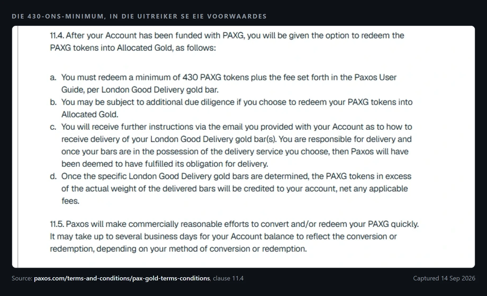 Skermskoot van die Paxos PAX Gold-voorwaardes, klousule 11.4, wat bepaal dat jy minstens 430 PAXG-tokens plus fooie per London Good Delivery-staaf moet aflos