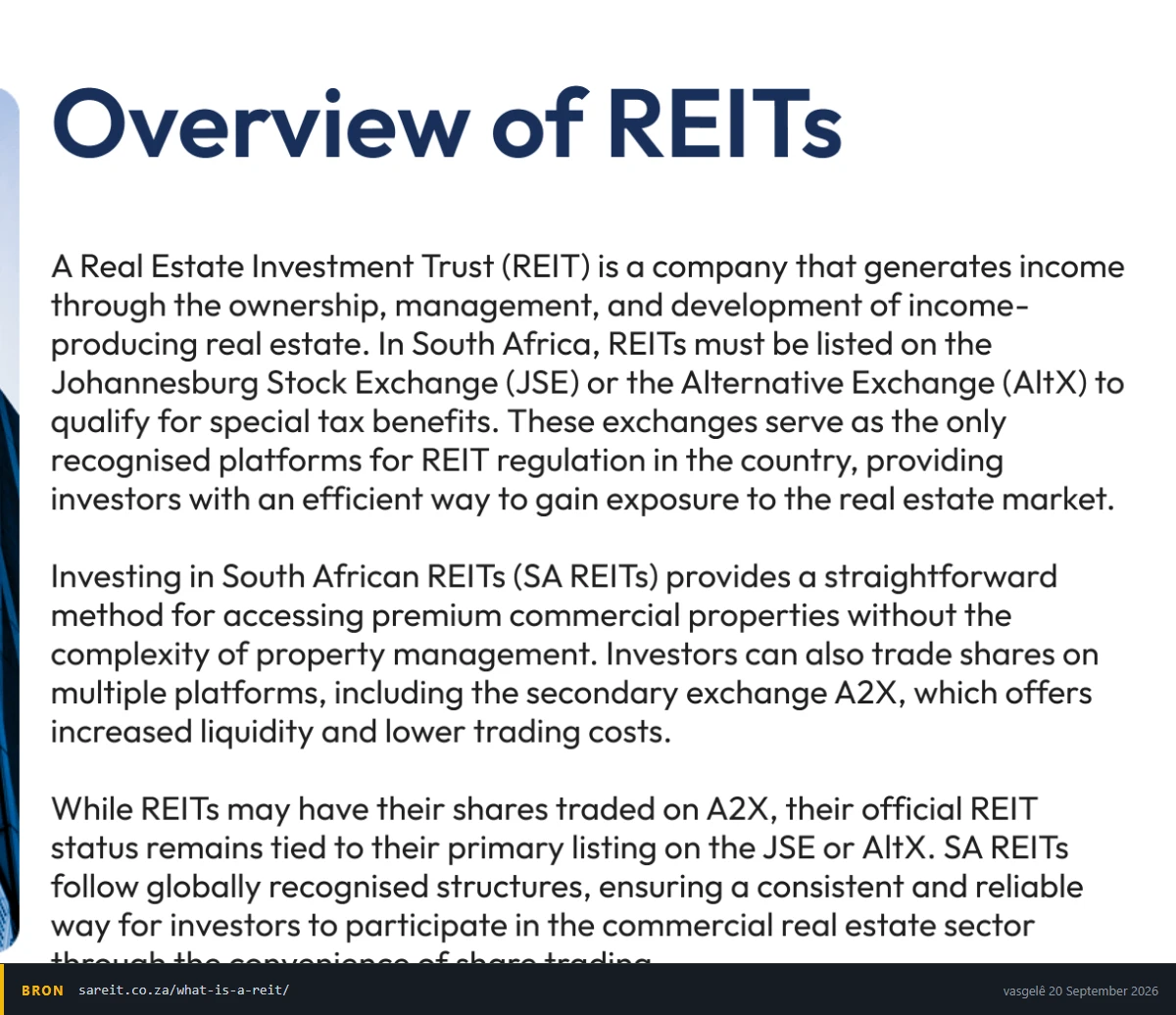 Die SA REIT-vereniging se oorsigbladsy wat sê Suid-Afrikaanse REIT's moet op die JSE of AltX genoteer wees om vir REIT-belastinghantering te kwalifiseer, en dat hul aandele ook op A2X kan verhandel