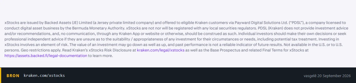 Risiko-openbaarmaking onderaan Kraken se xStocks-bladsy wat sê die tokens word deur Backed Assets (JE) Limited uitgereik, deur Payward Digital Solutions Ltd met 'n lisensie van die Bermuda Monetary Authority aangebied, en is by geen plaaslike effektereguleerder geregistreer nie