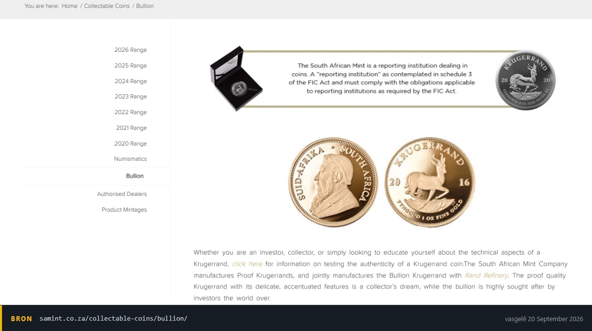 Die Suid-Afrikaanse Munt se staafbladsy met die een-ons fynegoud-Krugerrand, 'n kennisgewing dat die Munt 'n rapporterende instelling ingevolge bylae 3 van die FIC-wet is, en skakels na gemagtigde handelaars en produkmuntslae