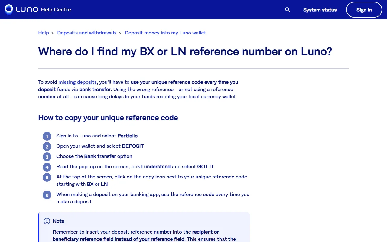 Luno help centre article "Where do I find my BX or LN reference number on Luno?" showing six steps to copy the deposit reference