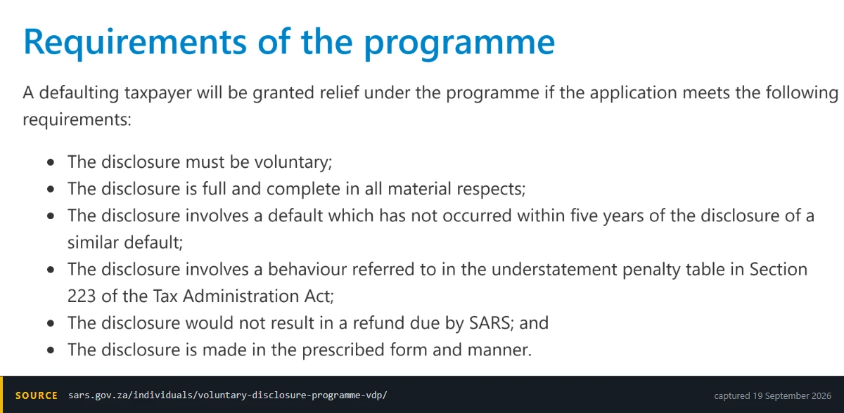 Screenshot of the SARS Voluntary Disclosure Programme page listing the six requirements an application must meet to qualify for relief